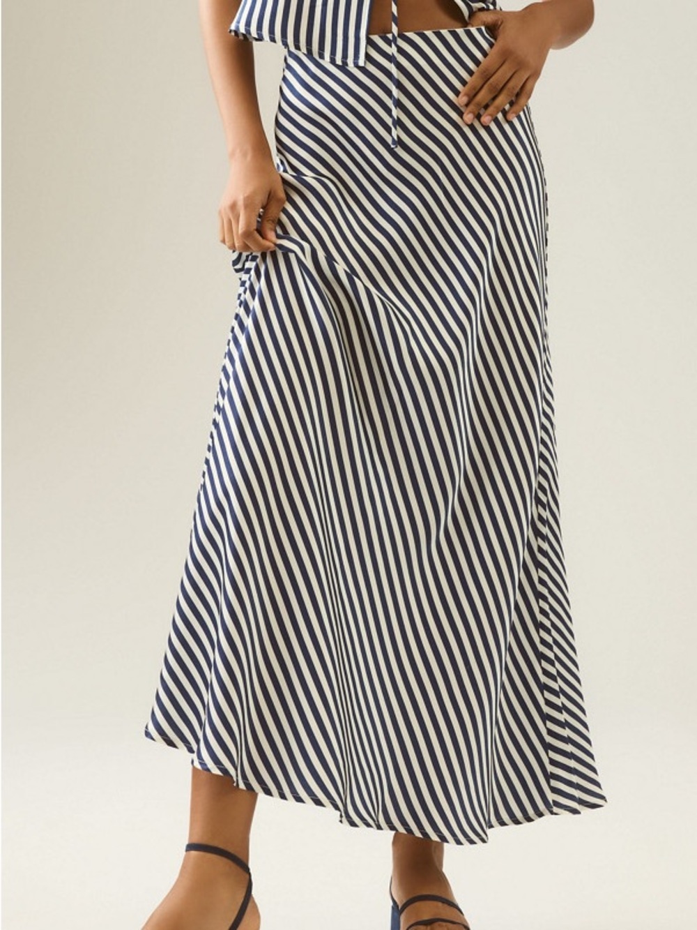 Striped Navy and White Satin Maxi Skirt